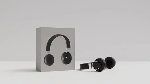 3D model of a box with an image of wireless headphones and headphones lying n Stock-Fotos