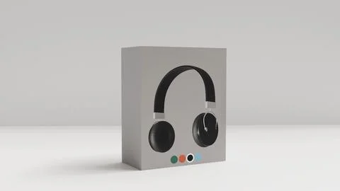 3D model of a box with an image of wireless headphones on a white backgroun.. Stock Photos