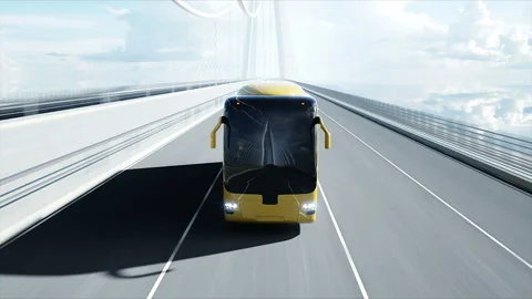 3d model of bus on bridge. Very fast driving. 4k animation. Stockbeeldmateriaal 108480722