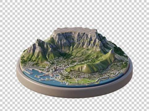 3D model of Cape Town city and table mountain on base. Ilustração Stock