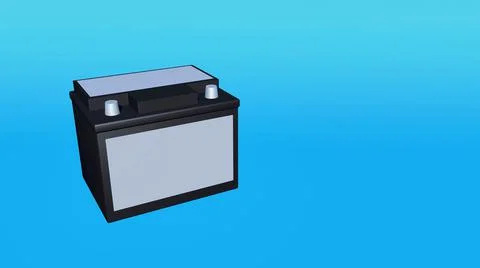 3d model of a car battery with a clean label on a blue background. Stock Illustration