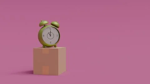 3D model of cardboard box and green alarm clock on purple background,packagin Stock Photos