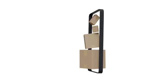 3D model of cardboard boxes and mobile phone on white background, order and d Illustrazione stock