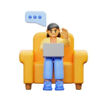 3D model of a cartoon character communicating online while using the laptop Stockillustratie