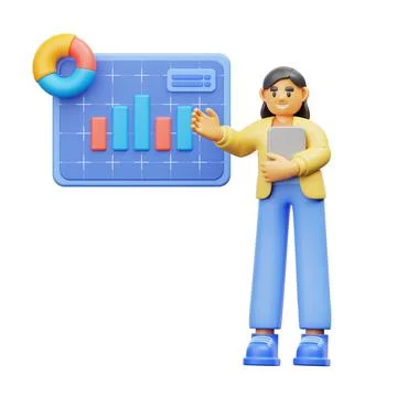 3D model of a cartoon character explaining the statistics while holding a tablet Stock Illustration