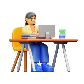 3D model of a cartoon character working on a task by the computer screen 스톡 일러스트