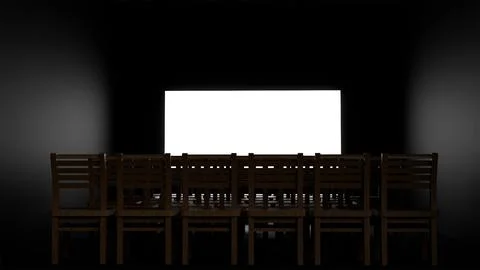 3D model of a cinema hall with an empty white screen and light from the scr.. Stock Illustration