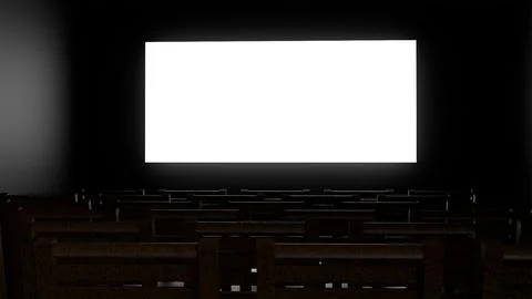 3D model of a cinema hall with an empty white screen and light from the scr.. Stock Illustration