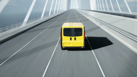 3d model of delivery car on the bridge. Very fast driving. 4k animation. Stockbeeldmateriaal 108484590