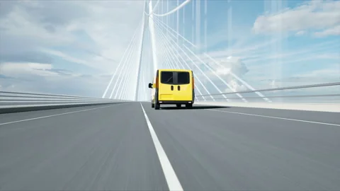 3d model of delivery car on the bridge. Very fast driving. 4k animation. 스톡 동영상 108487130