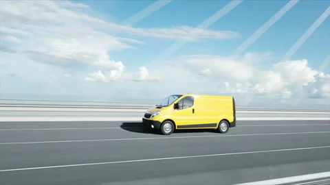 3d model of delivery car on the bridge. Very fast driving. 4k animation. Stockbeeldmateriaal 108487438