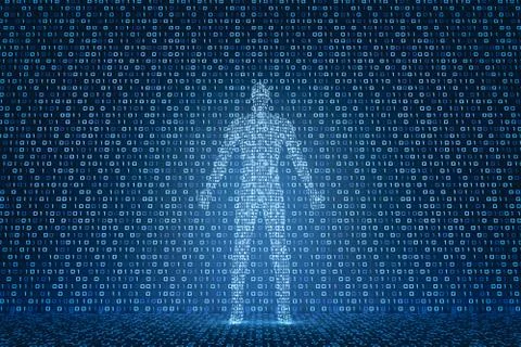 3d model of a digital person on the background of luminous ones and zeros. The イラスト素材