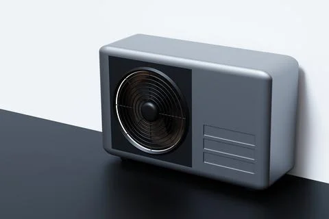 The 3D model displays an air source heat pump designed for residential use,.. Illustrazione stock