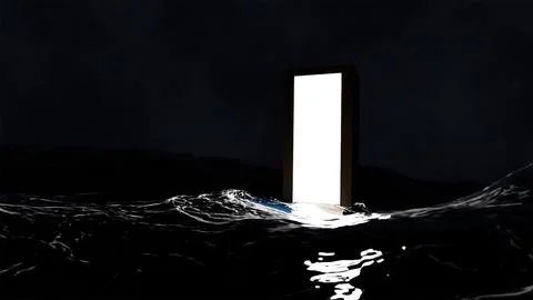 3D model of a door with light coming from inside and the door stands in the m Stock Photos