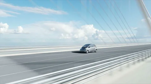 3d model of electric car on the bridge, very fast driving. Ecology concept Video stock 108519844