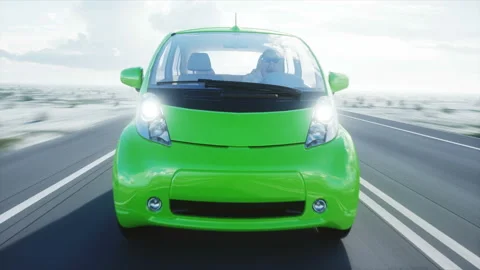 3d model of electric green car with 3d model of man. Render. Ecology concept Stock Footage 89146780