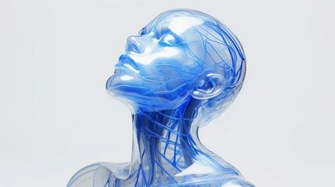 3D model of a female head made of transparent blue material 스톡 일러스트