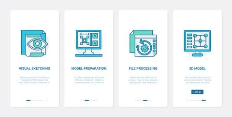 3d model file processing design UX, UI onboarding mobile app page screen tech Illustrazione stock
