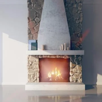 3d model of a fireplace made of stone. Fireside, chalet style in the interior. Illustrazione stock