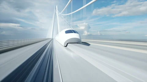 3d model of futuristic passenger train on the bridge. Very fast driving. Future Stockbeeldmateriaal 108491117