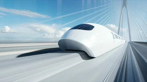 3d model of futuristic passenger train on the bridge. Very fast driving. Future Stock Footage
