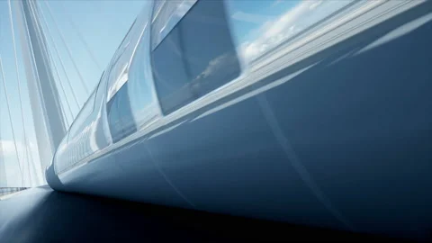 3d model of futuristic passenger train on the bridge. Very fast driving. Future Stock Footage 108492473