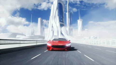 3d model of futuristic red electric car on highway. Very fast driving. Future Stock Footage 132716596