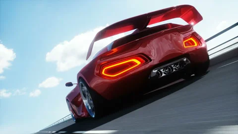3d model of futuristic red electric car on highway. Very fast driving. Future Stock Footage 132720762