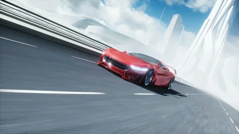 3d model of futuristic red electric car on highway. Very fast driving. Future Stock Footage 132727301