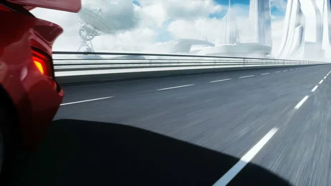 3d model of futuristic red electric car on highway. Very fast driving. Future Stockbeeldmateriaal 132728156