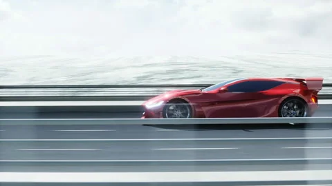 3d model of futuristic red electric car on highway. Very fast driving. Future Stock Footage 132729157