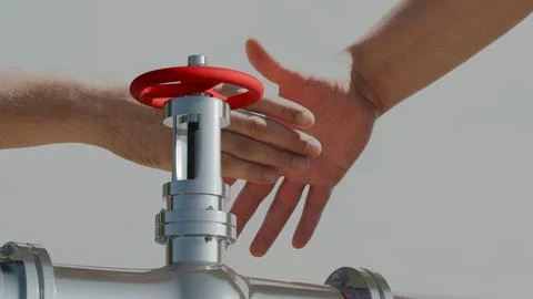 3d model of gas pipe with pressure valve on handshake background,strategic .. Stock Photos