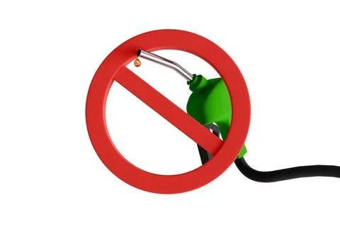 3D model of a gasoline gun and a drop of gasoline and a stop sign on a whit.. Stock Illustration