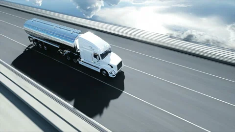 3d model of gasoline tanker, trailer, truck on highway. Very fast driving Stockbeeldmateriaal 108476230