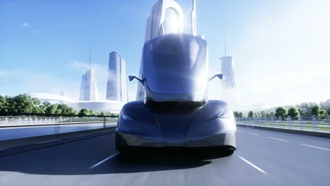 3d model of generic futuristic electric truck on highway. Future city background Stockbeeldmateriaal 132766182