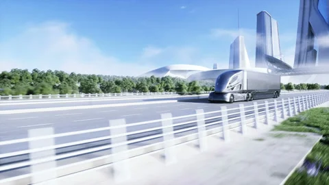 3d model of generic futuristic electric truck on highway. Future city background 스톡 동영상 132766952