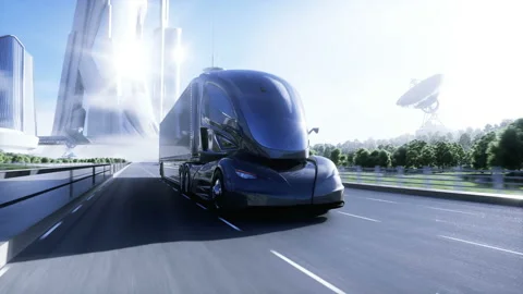 3d model of generic futuristic electric truck on highway. Future city background Video stock 132767001