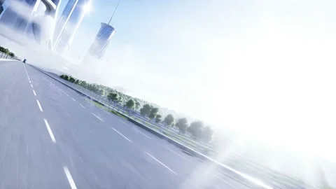 3d model of generic futuristic electric truck on highway. Future city background Stockbeeldmateriaal 132767503