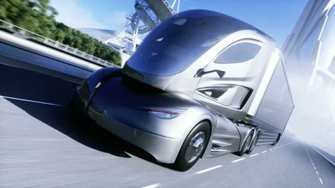 3d model of generic futuristic electric truck on highway. Future city background Video stock 132768044