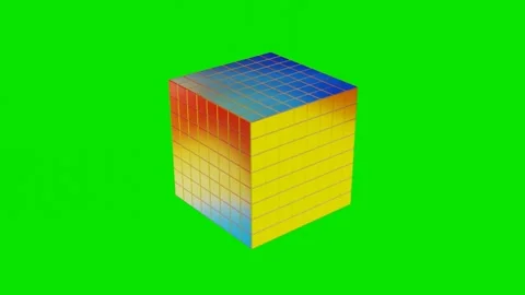 3D model of glossy cube made of small cubes rotates on green background. 3D rend Stock Footage 310882257