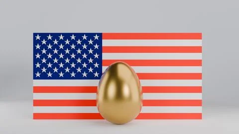 3D model of a golden egg against the background of the Ukrainian flag on a .. Stock Illustration