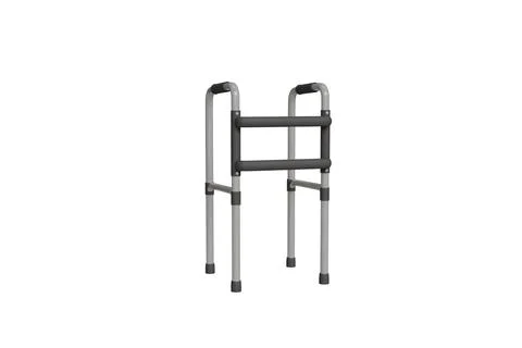3D model of gray medical walker with black handles and supports on a white ba Illustration