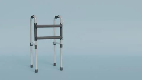 3D model of gray medical walker with black handles and supports on blue, he.. Illustration