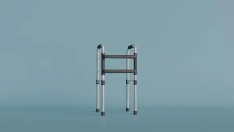 3D model of gray medical walker with black handles and supports on blue, he.. Illustration