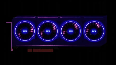 3D model of a huge video card with four working coolers with neon lighting on a  Stock Footage 299689578