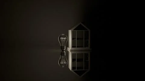 3D model of incandescent light bulb and small white house on mirror backgroun Stock Photos