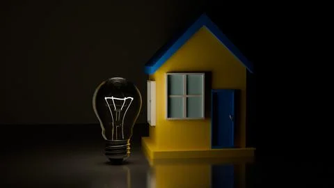 3D model of an incandescent light bulb and a house in the colors of the Ukrai Stock Photos