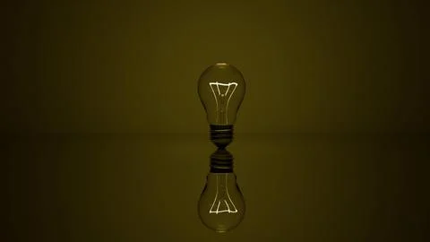 3D model of incandescent light bulb glows in the dark on a mirror black bac.. Stock Photos