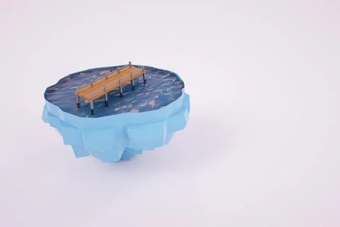 3D model of an island with a bridge over the water. Model on a white background Ilustración de archivo