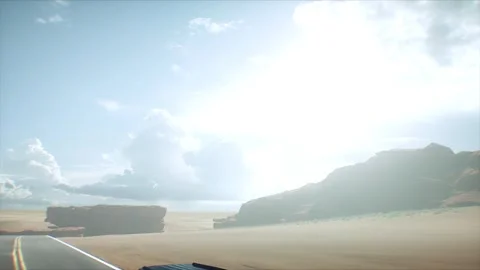 3d model luxury black car on desert highway. Very fast driving. Stock Footage 301415347
